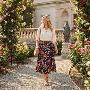 Tu Woman Blue Floral Boho Festival Classic Flowy 70's Casual Midi Skirt Size 12